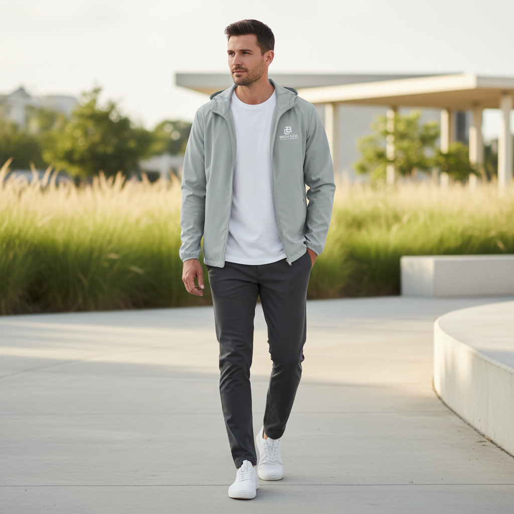 Man wearing light grey performance hooded jacket, editorial lifestyle shot